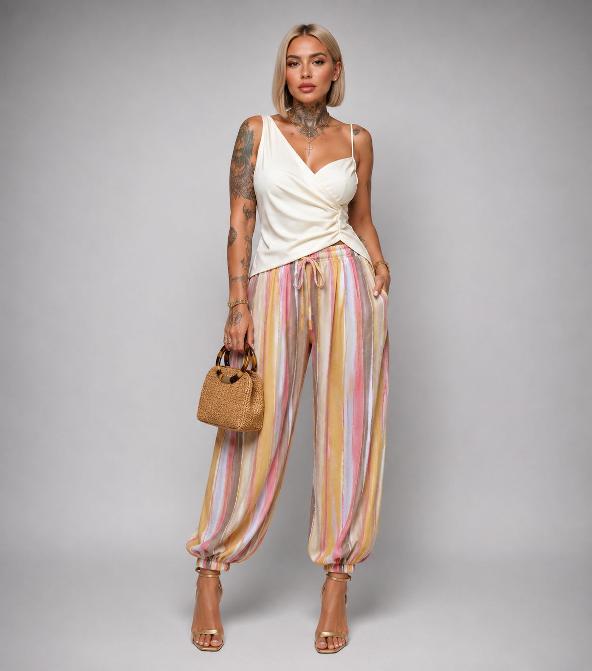 Pantalón Bombacho de Rayas Multicolor