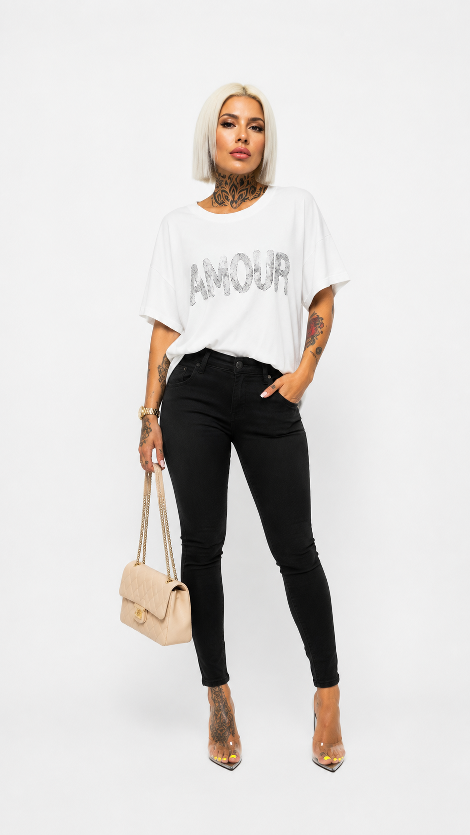 Camiseta Blanca con Strass – Modelos Amour, Corazón y Queen