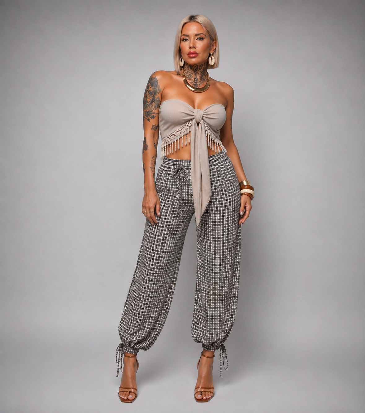 Pantalón Fluido Cuadros con Bajo Ajustable