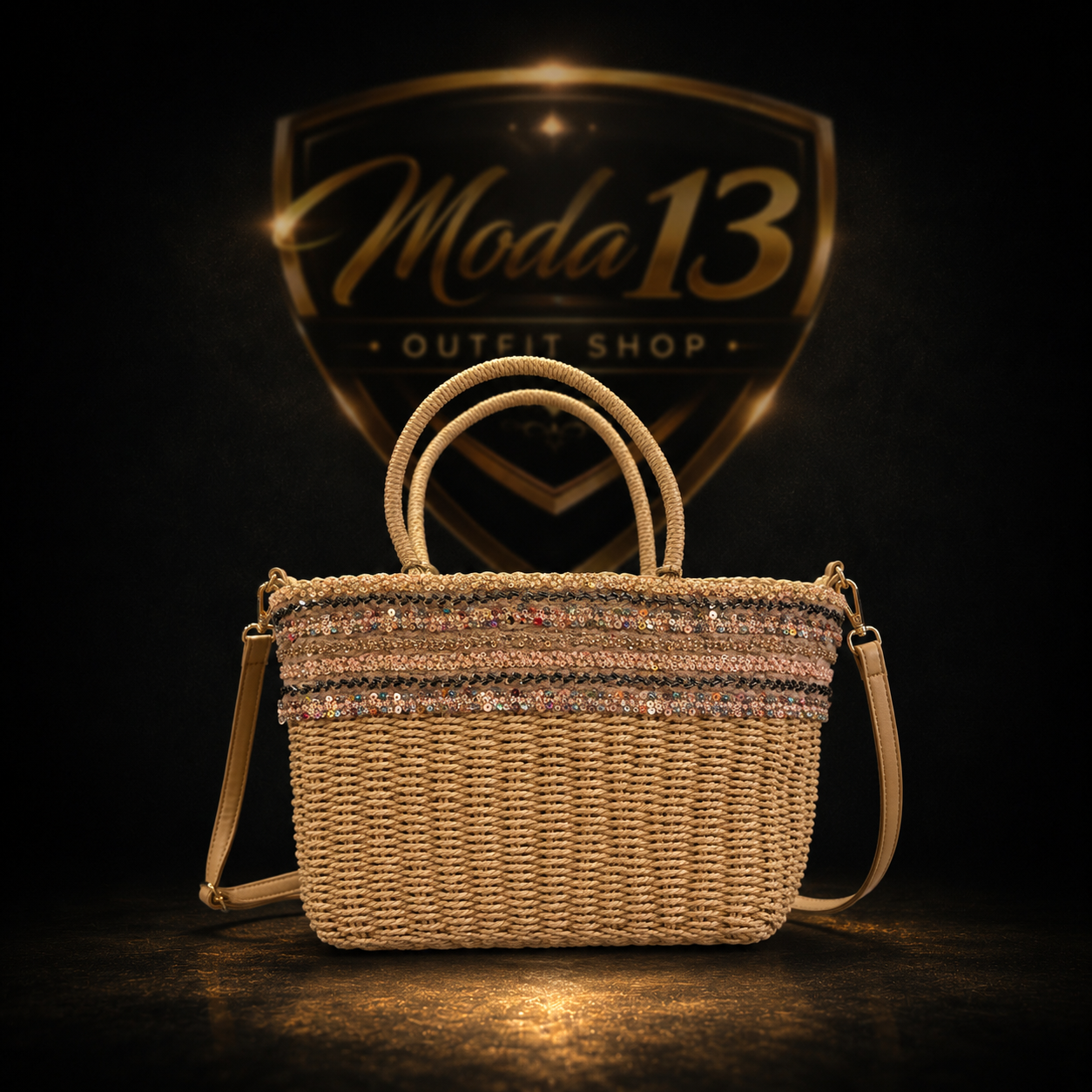 Bolso de Mimbre con Lentejuelas Decorativas y Correa Ajustable