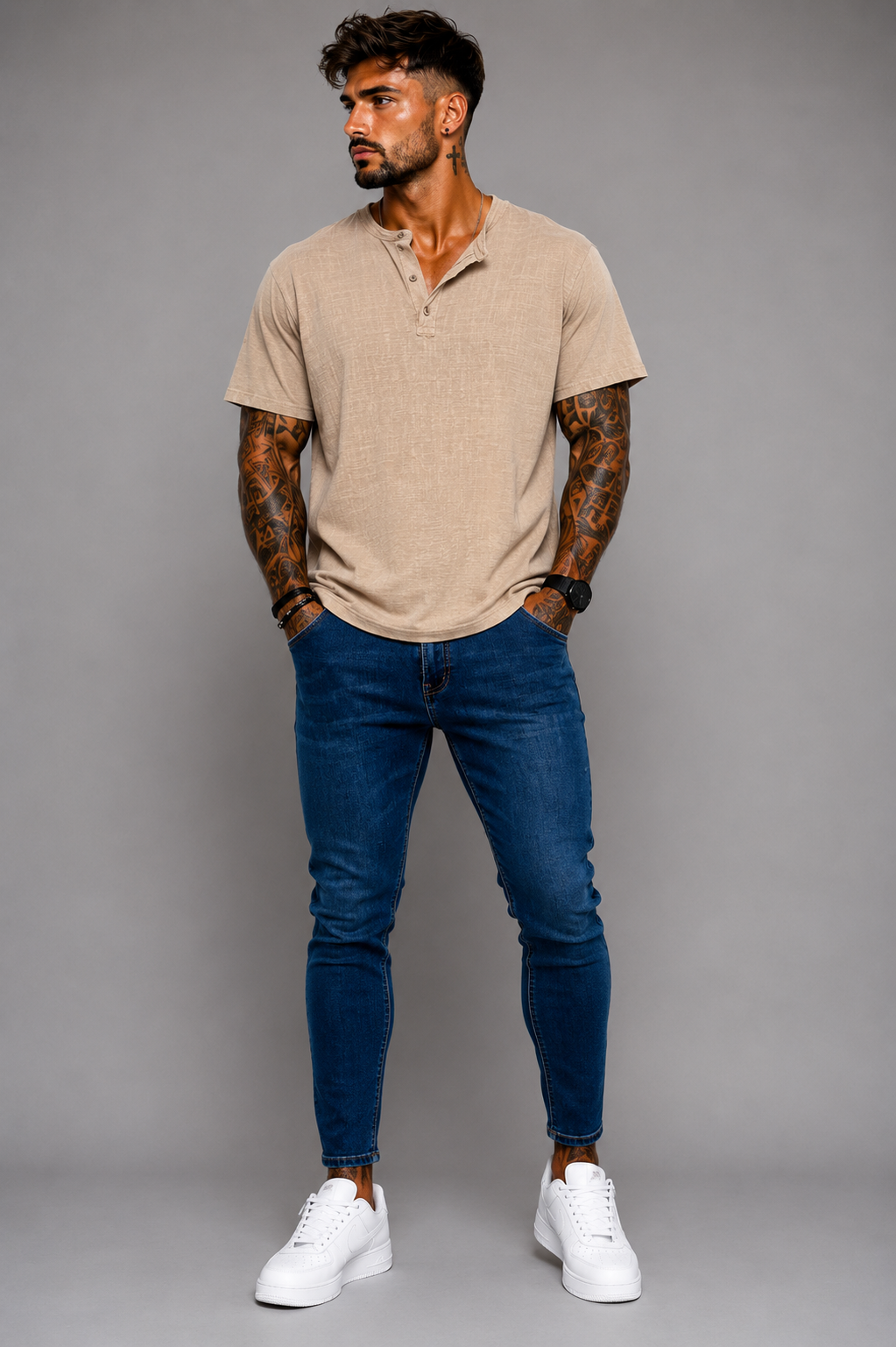 Camiseta Hombre Cuello Mao de Algodón