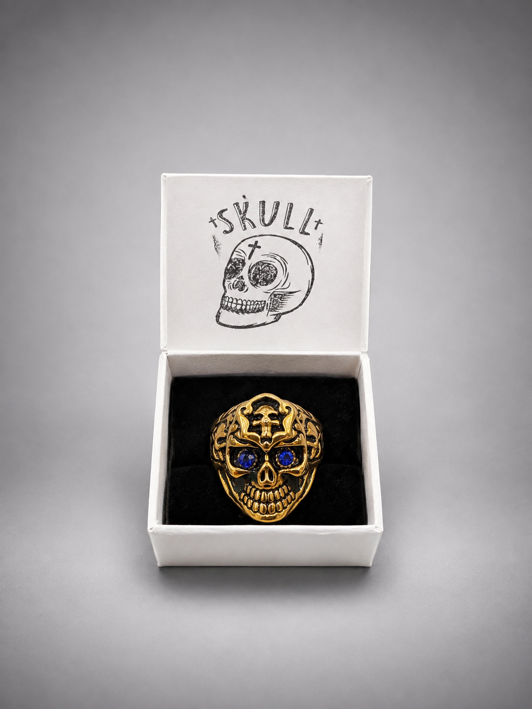 Anillo Calavera Ojos Azules de Acero Inoxidable
