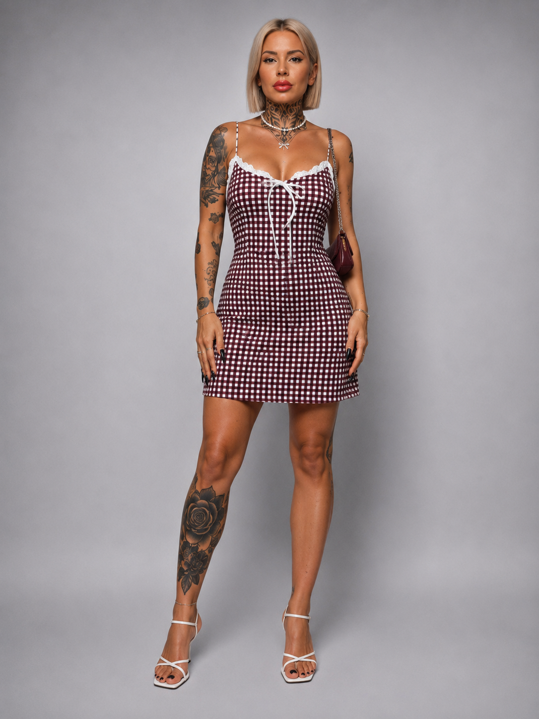 Vestido Corto Vichy con Encaje y Lazo