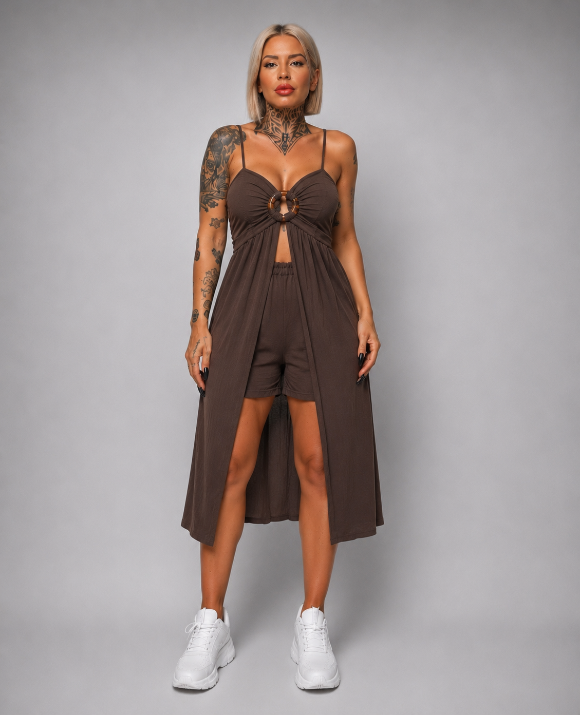Conjunto 2 Piezas con Pantalón Corto y Top Largo Abierto