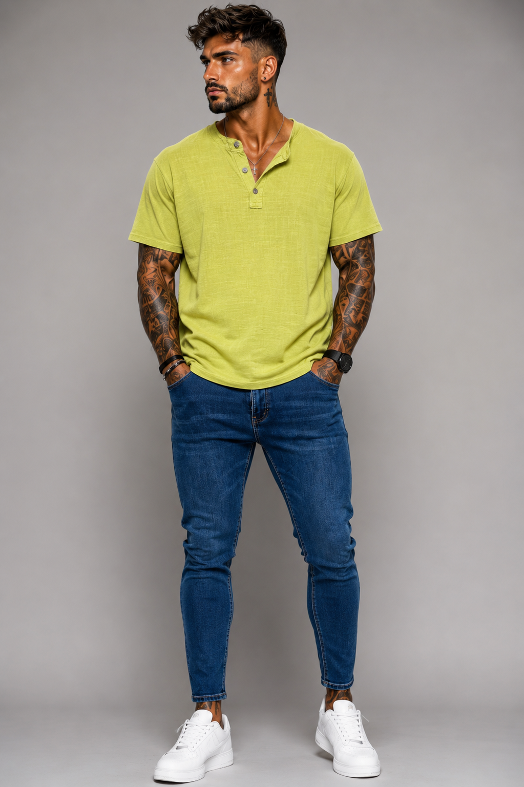 Camiseta Hombre Cuello Mao de Algodón