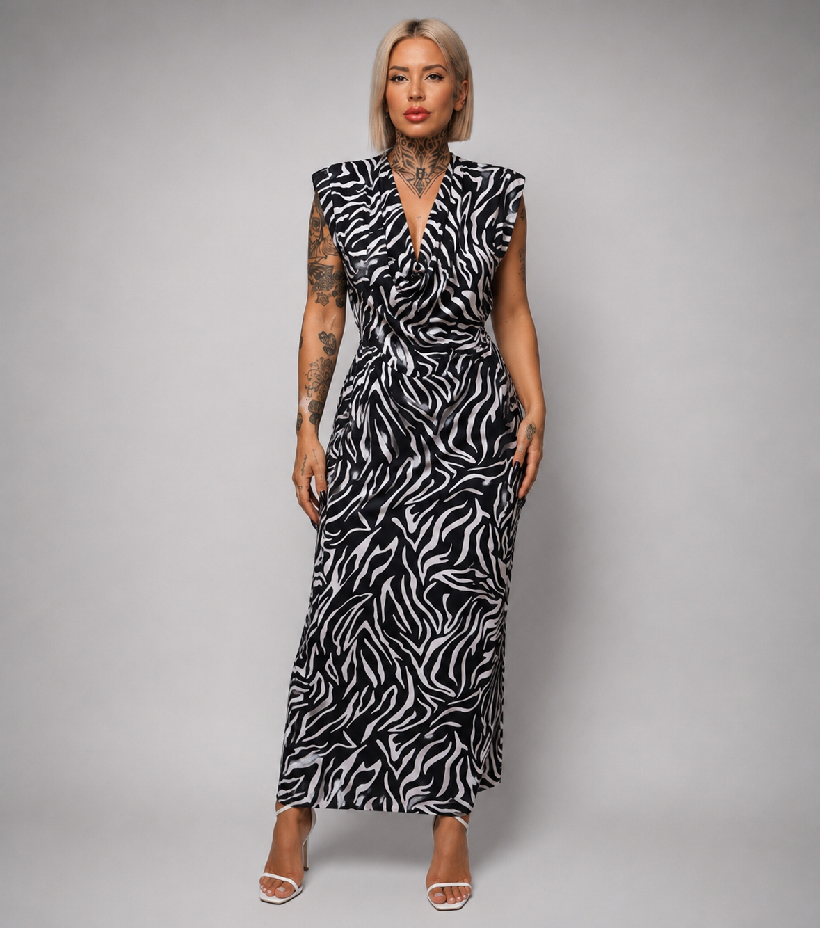 Vestido Largo Estampado Zebra con Hombreras