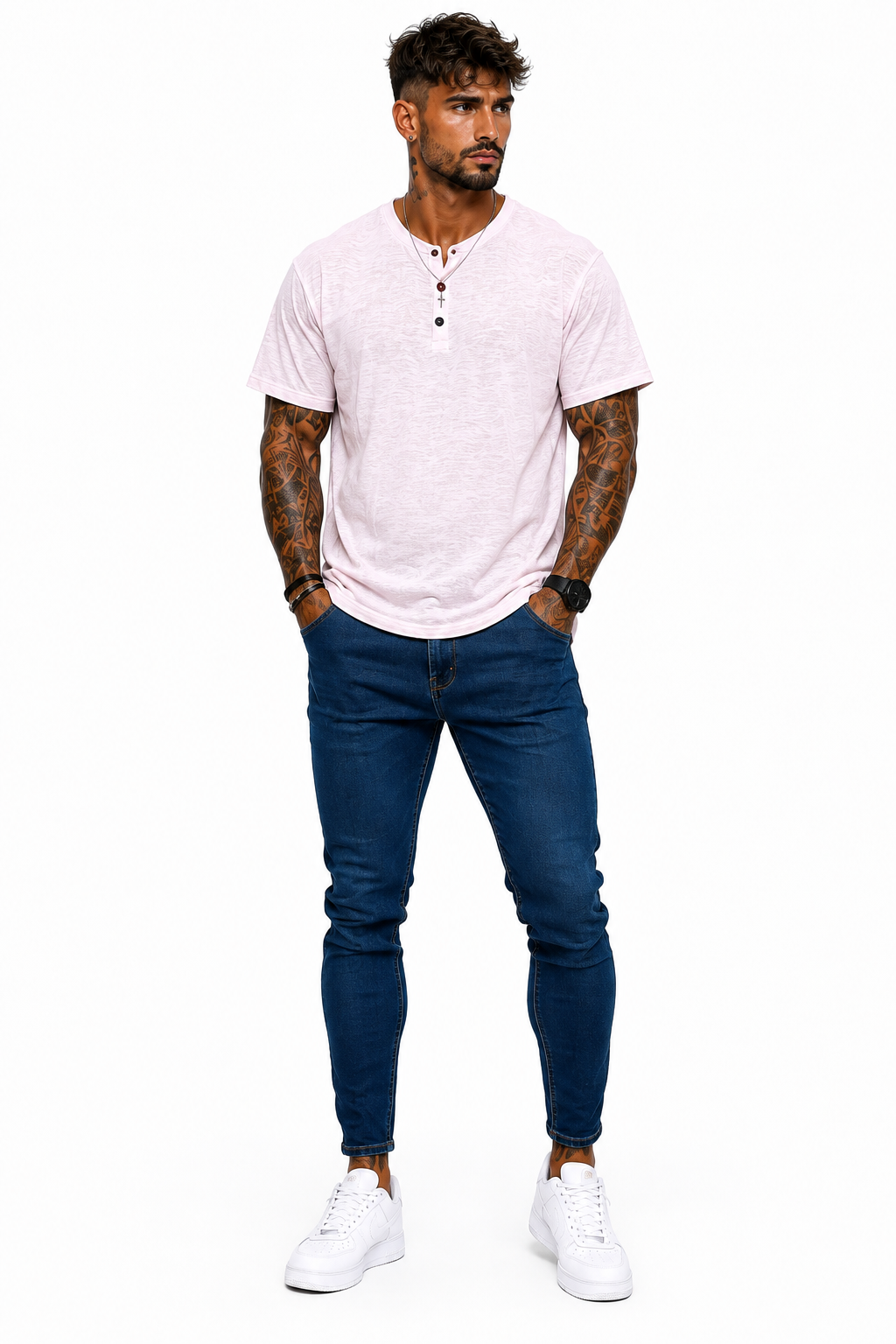 Camiseta Hombre Cuello Mao de Algodón