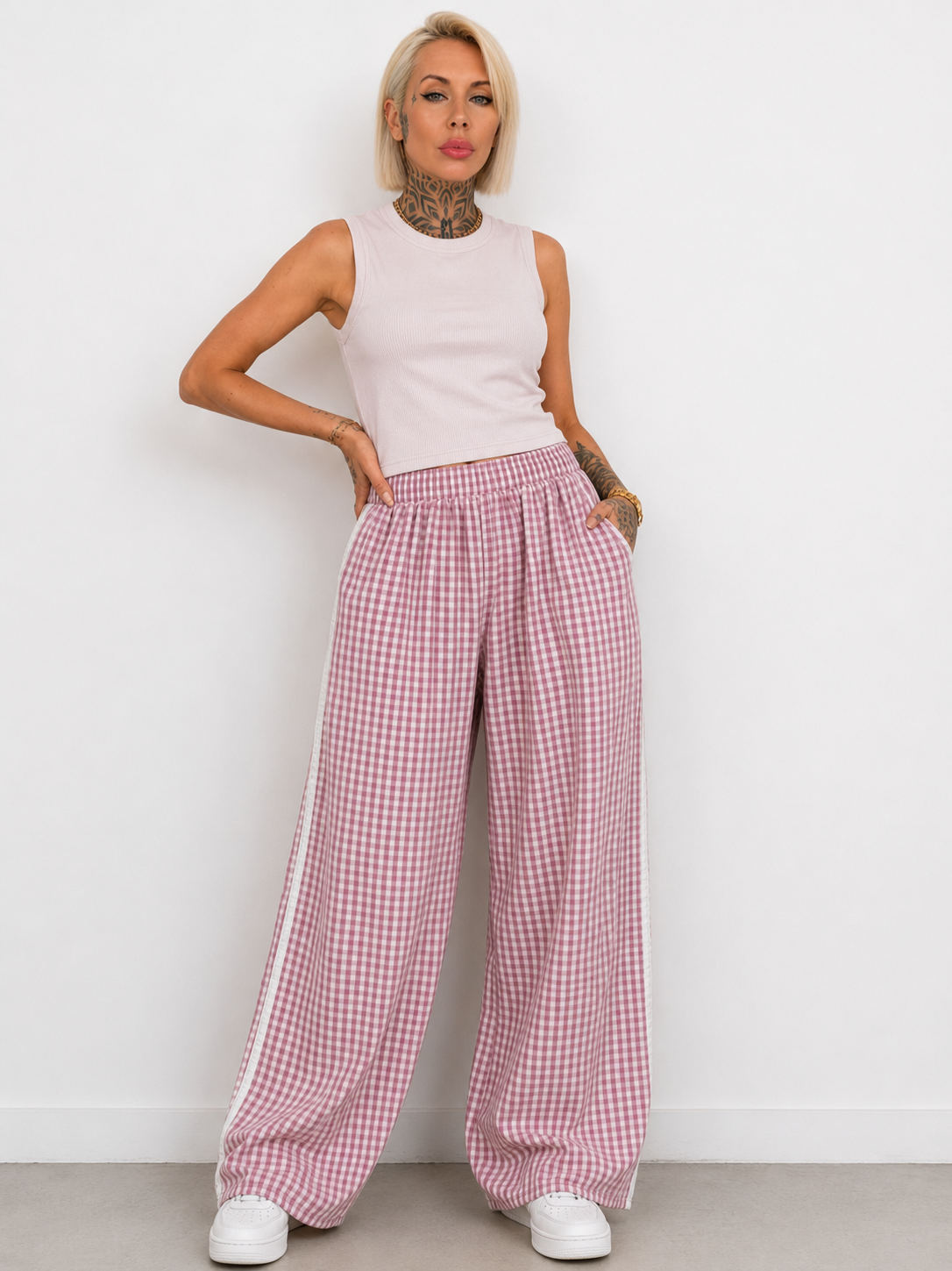 Pantalón Palazzo Vichy con Bolsillos y Franjas Laterales
