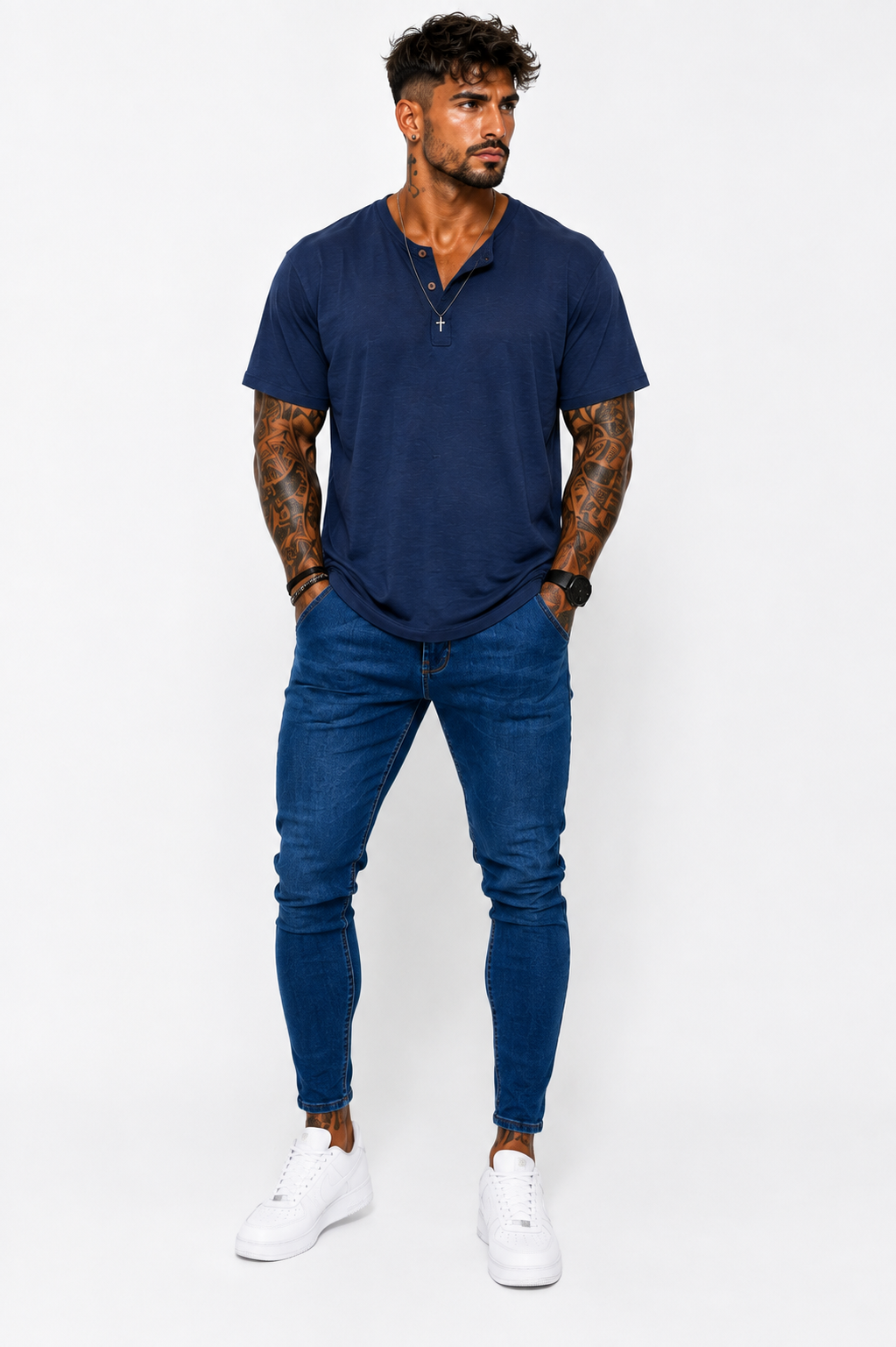 Camiseta Hombre Cuello Mao de Algodón