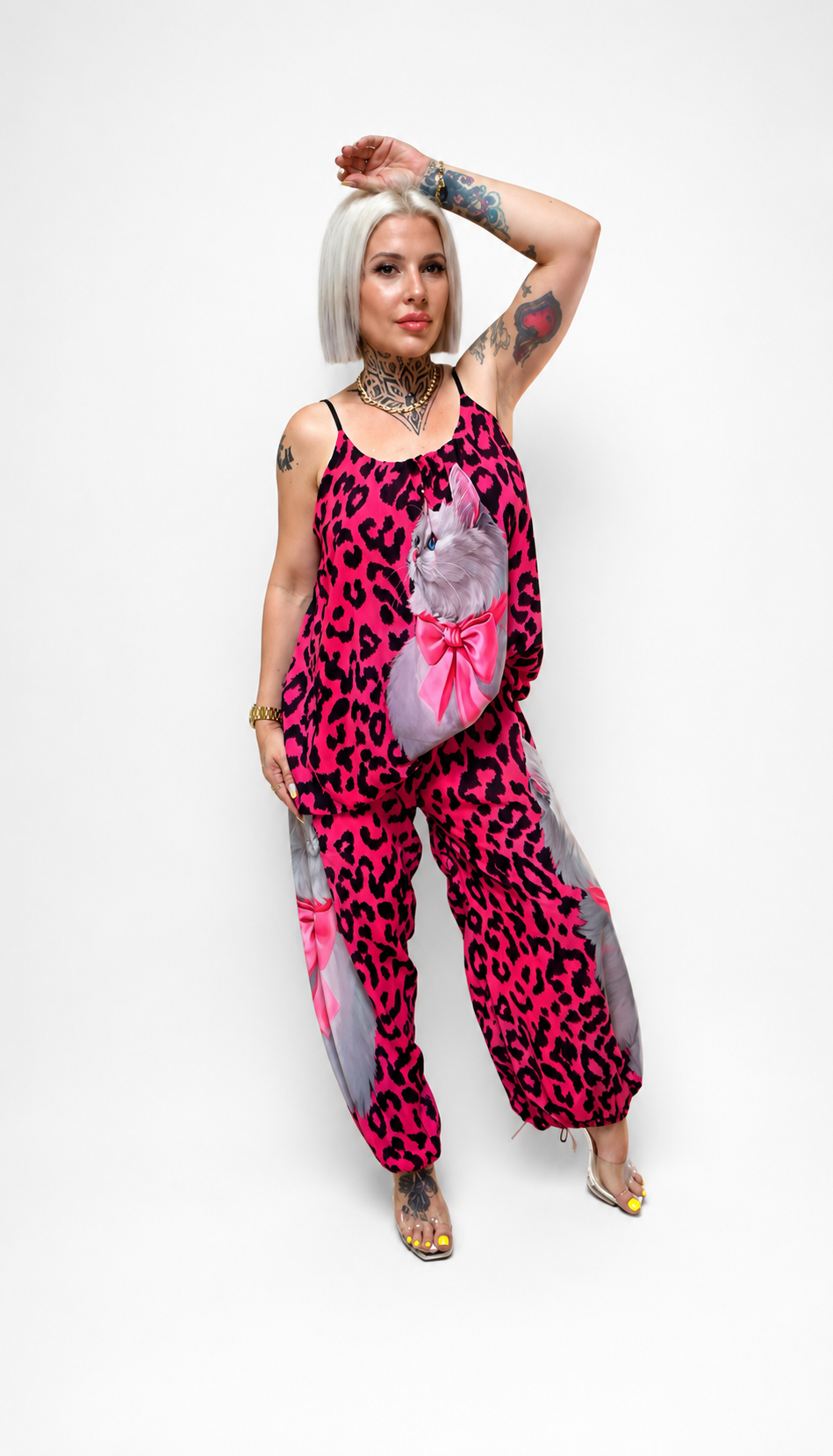 Conjunto Animal Print Rosa con Gato y Pantalón Bombacho