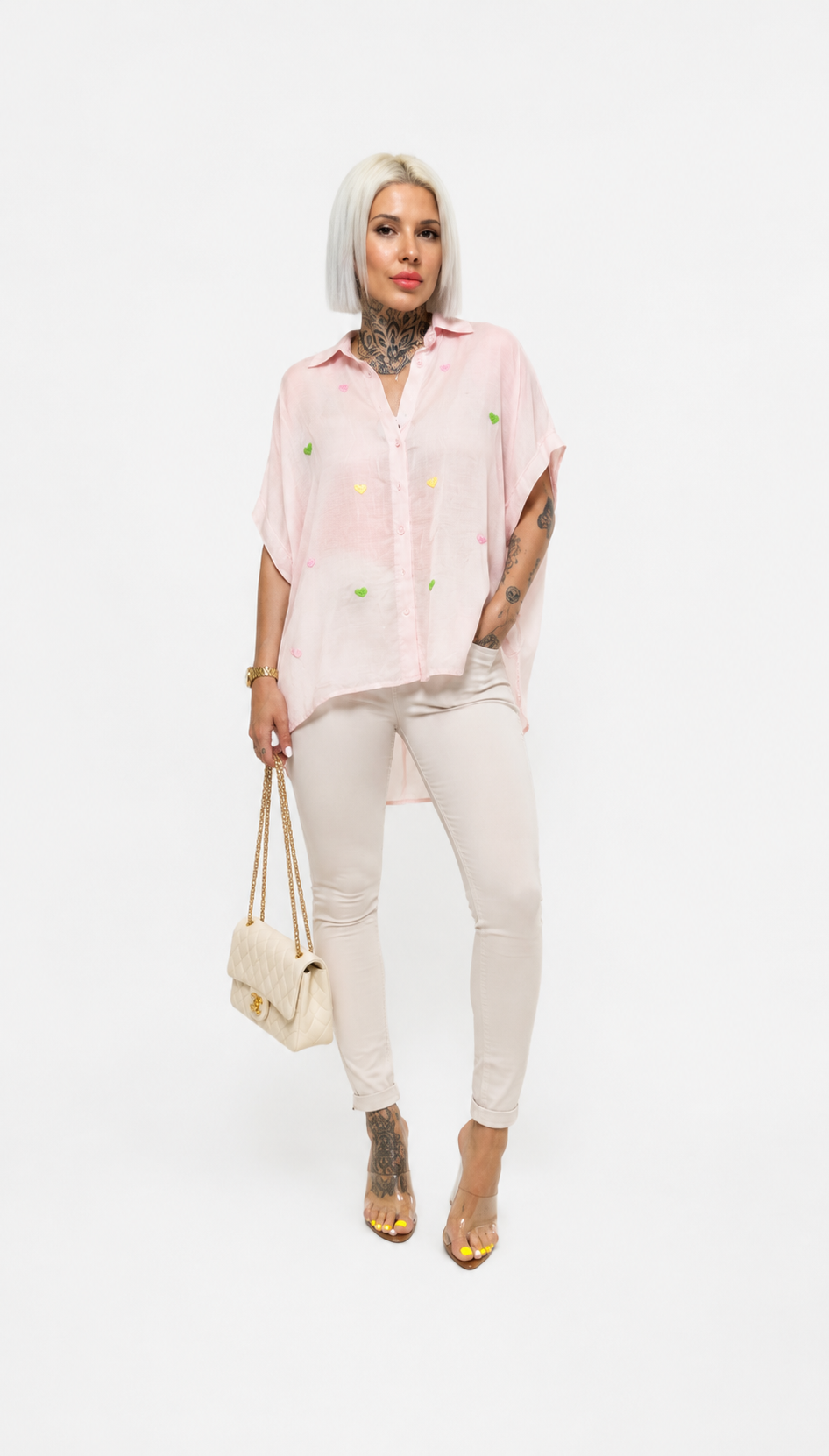 Camisa Oversize con Corazones Bordados