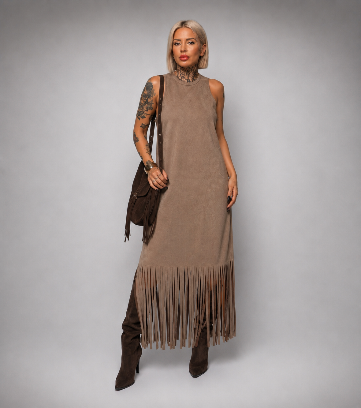 Vestido Largo de Antelina con Flecos