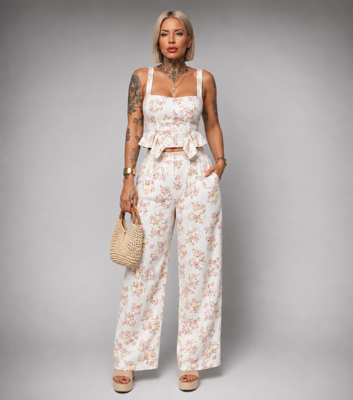 Conjunto Floral Top con Volante y Pantalón