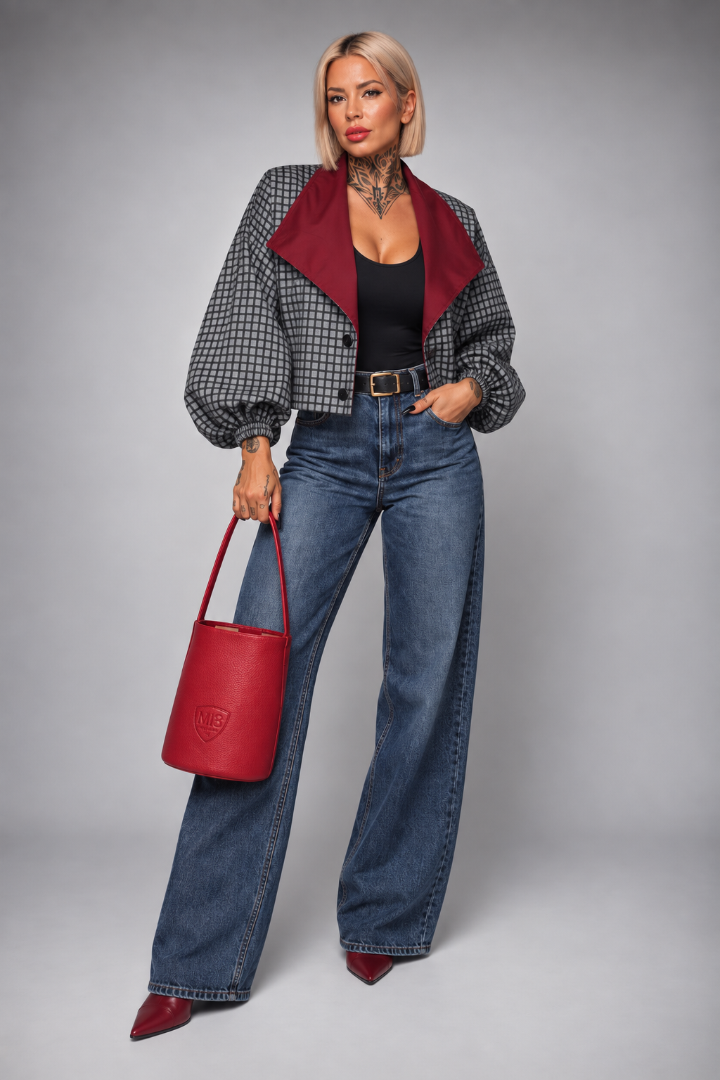 Chaqueta de Cuadros con Solapa Roja