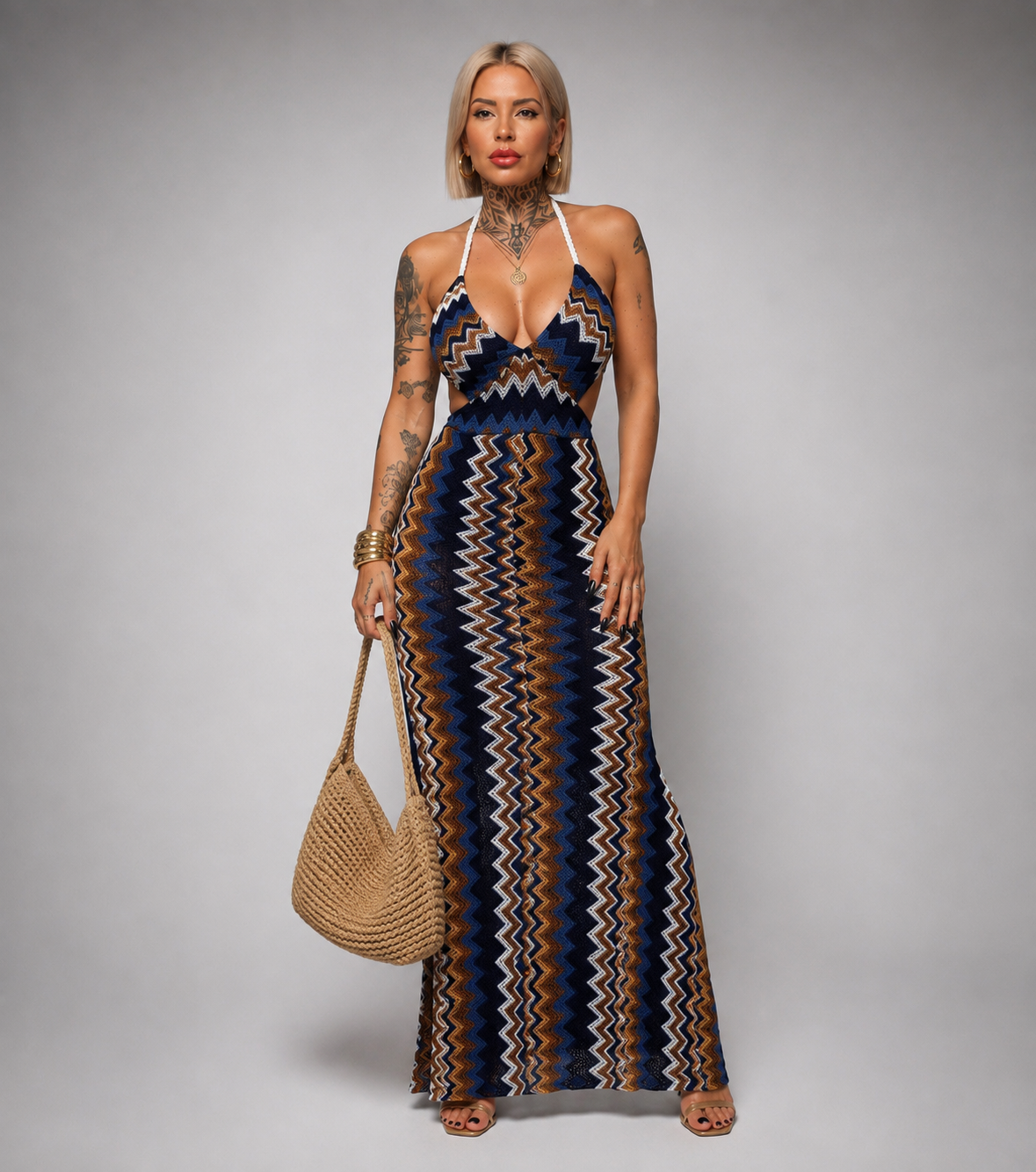 Vestido Largo Crochet Zigzag Escote Halter
