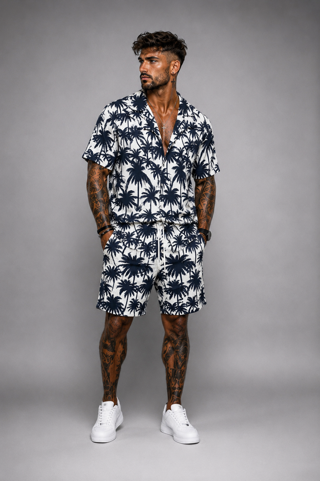 Conjunto Hombre Camisa y Bermuda Estampado Palmeras