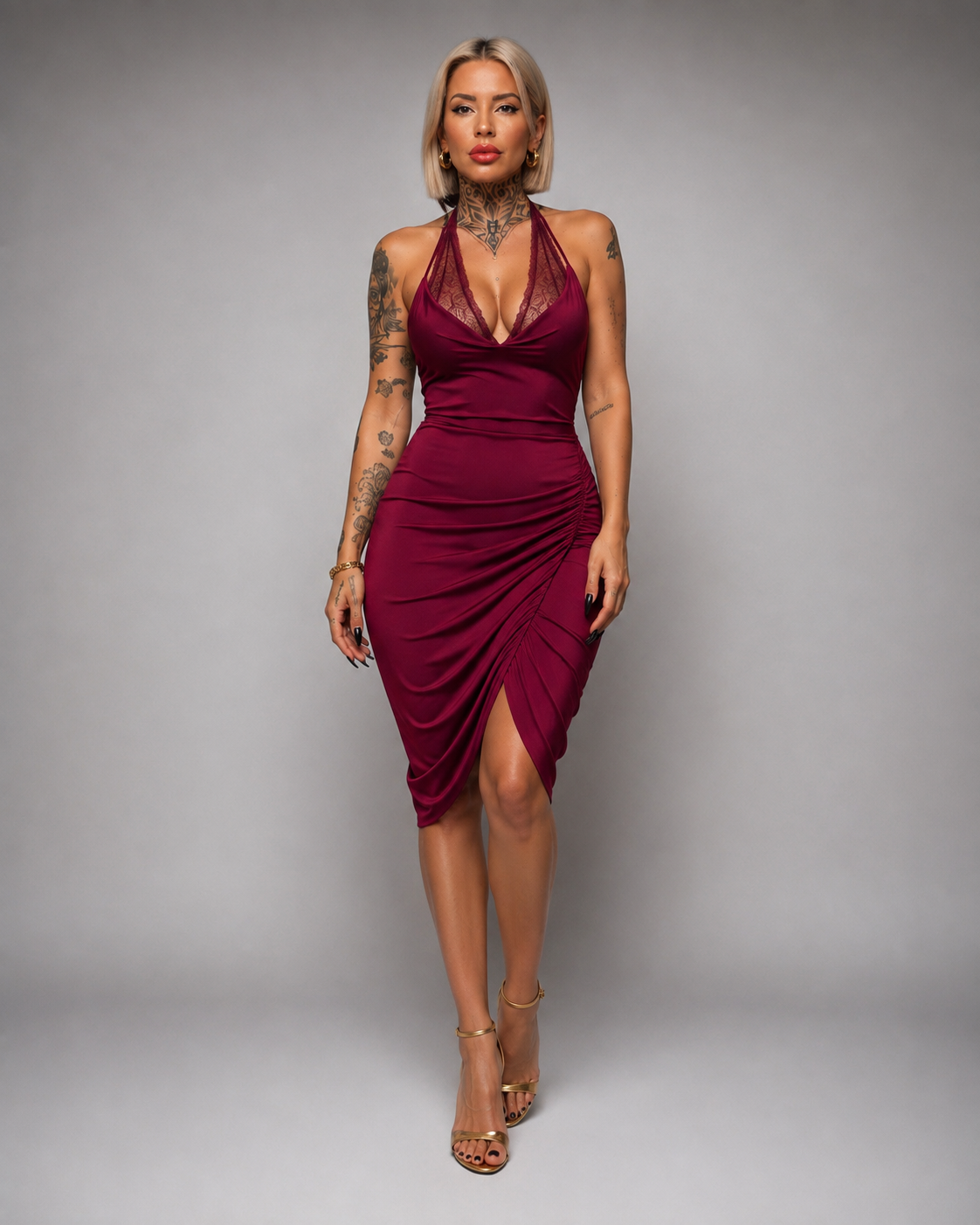 Vestido Midi de Licra Fría Drapeado con Encaje