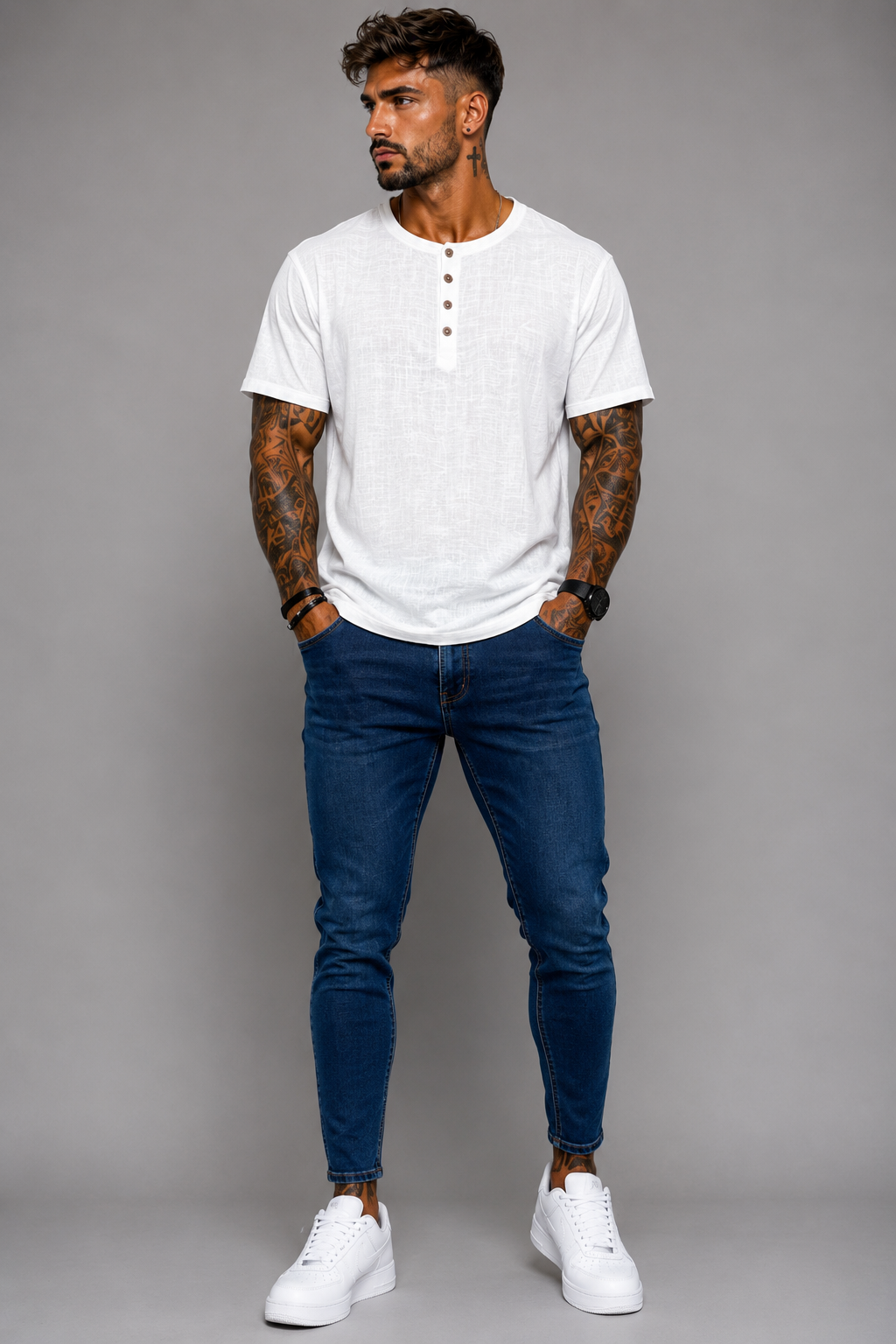 Camiseta Hombre Cuello Mao de Algodón