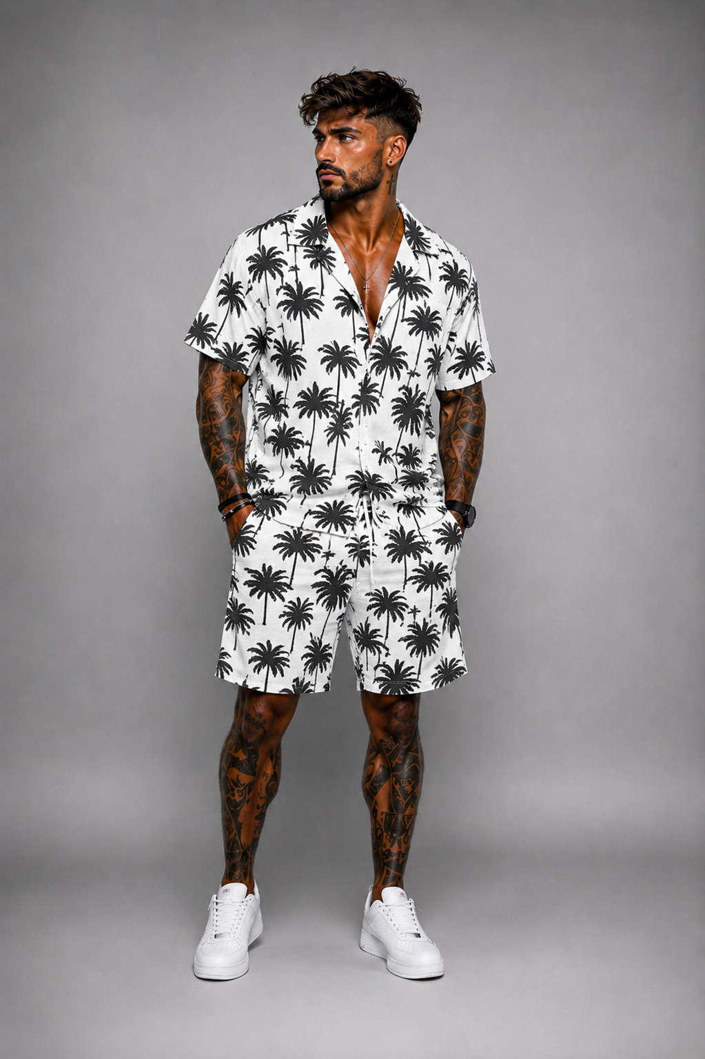 Conjunto Hombre Camisa y Bermuda Estampado Palmeras