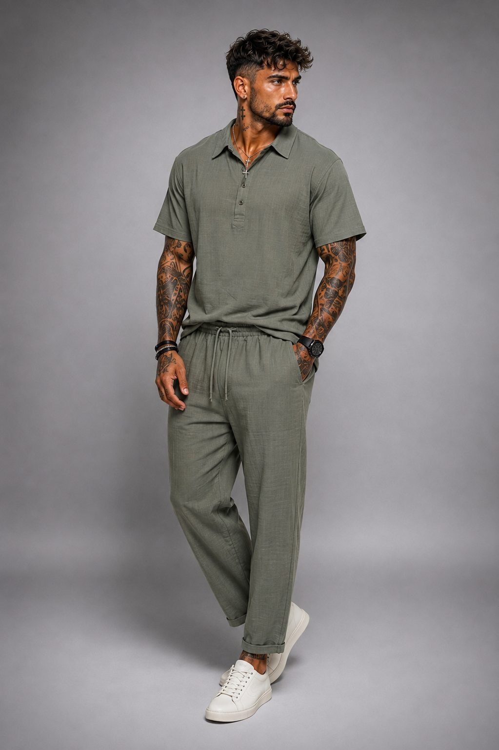 Camisa Hombre Manga Corta Verde Caqui