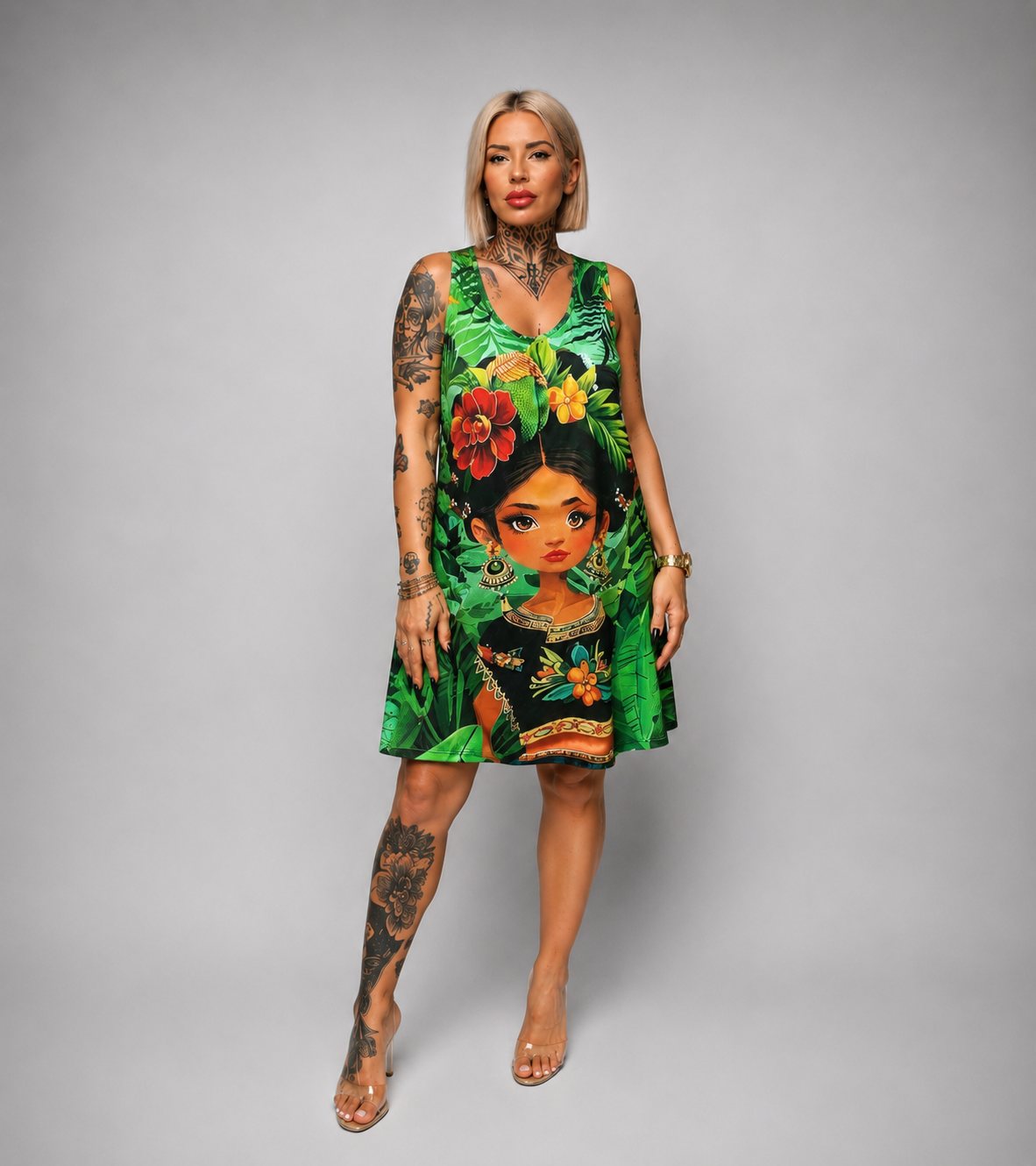Vestido Estampado Tropical de Licra Fría