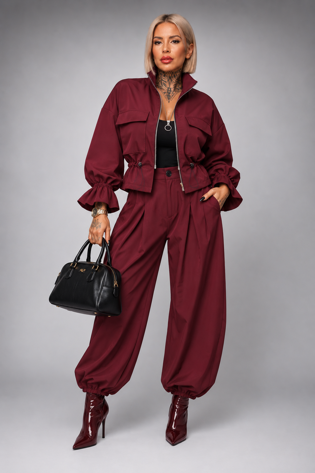 Conjunto Elegante con Chaqueta Ajustable y Pantalón de Pinzas
