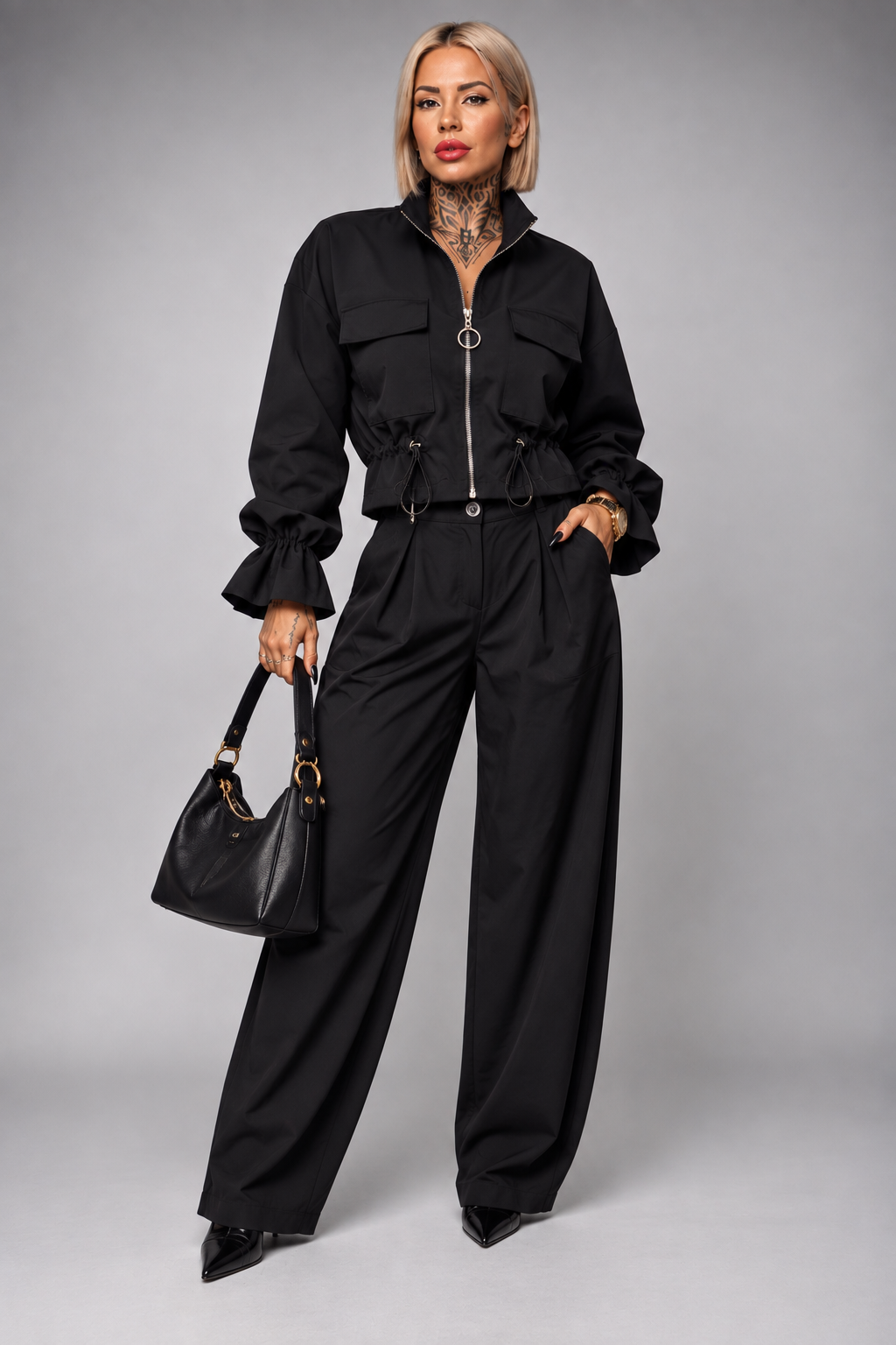 Conjunto Elegante con Chaqueta Ajustable y Pantalón de Pinzas