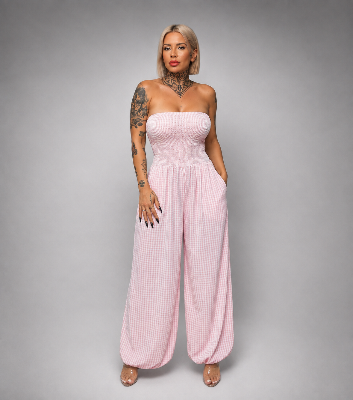 Mono Bombacho Vichy Rosa con Panel de Abeja
