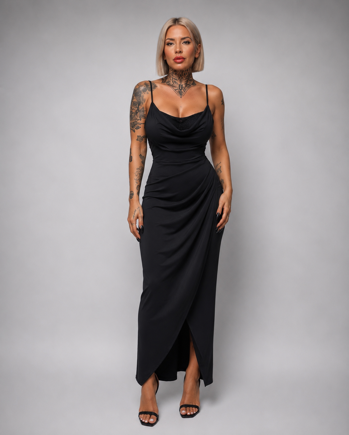 Vestido Largo Drapeado de Licra Fría con Copas Incorporadas