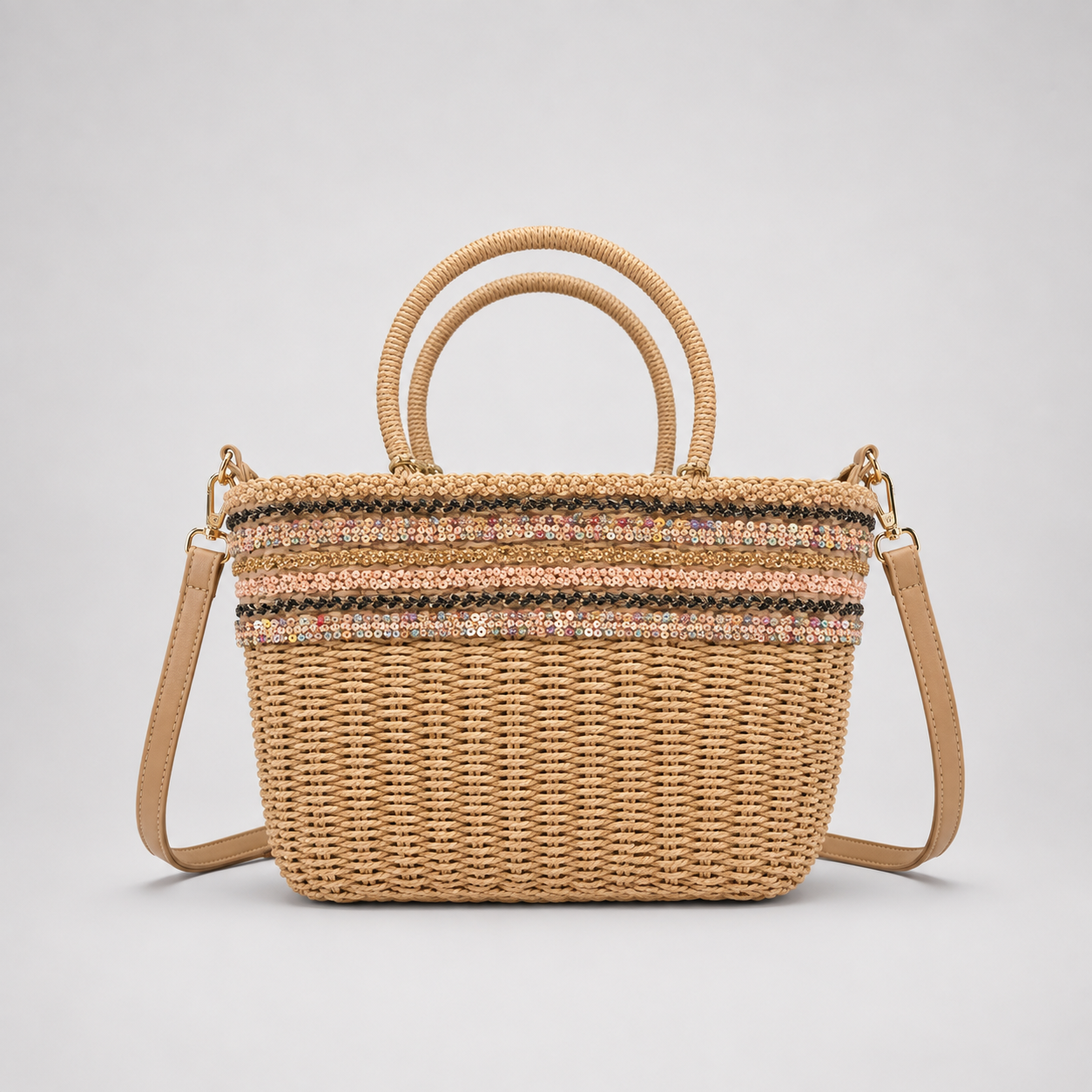 Bolso de Mimbre con Lentejuelas y Bandolera