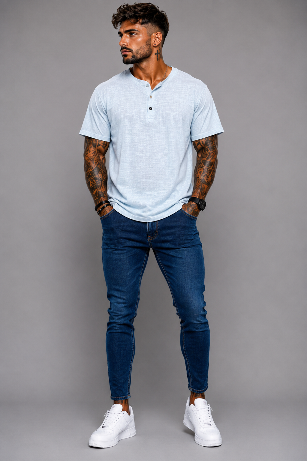 Camiseta Hombre Cuello Mao de Algodón