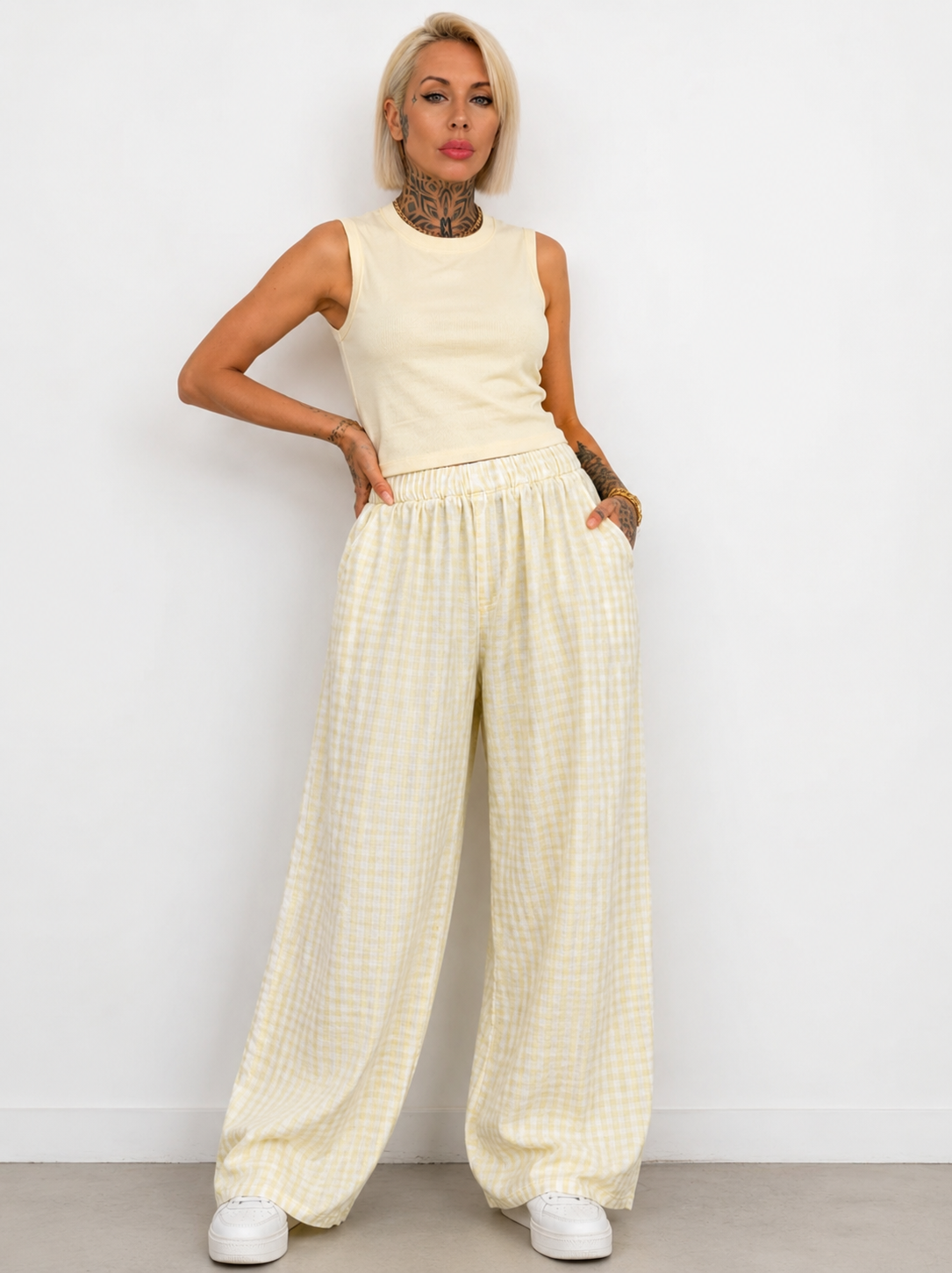 Pantalón Palazzo Vichy con Franja Lateral