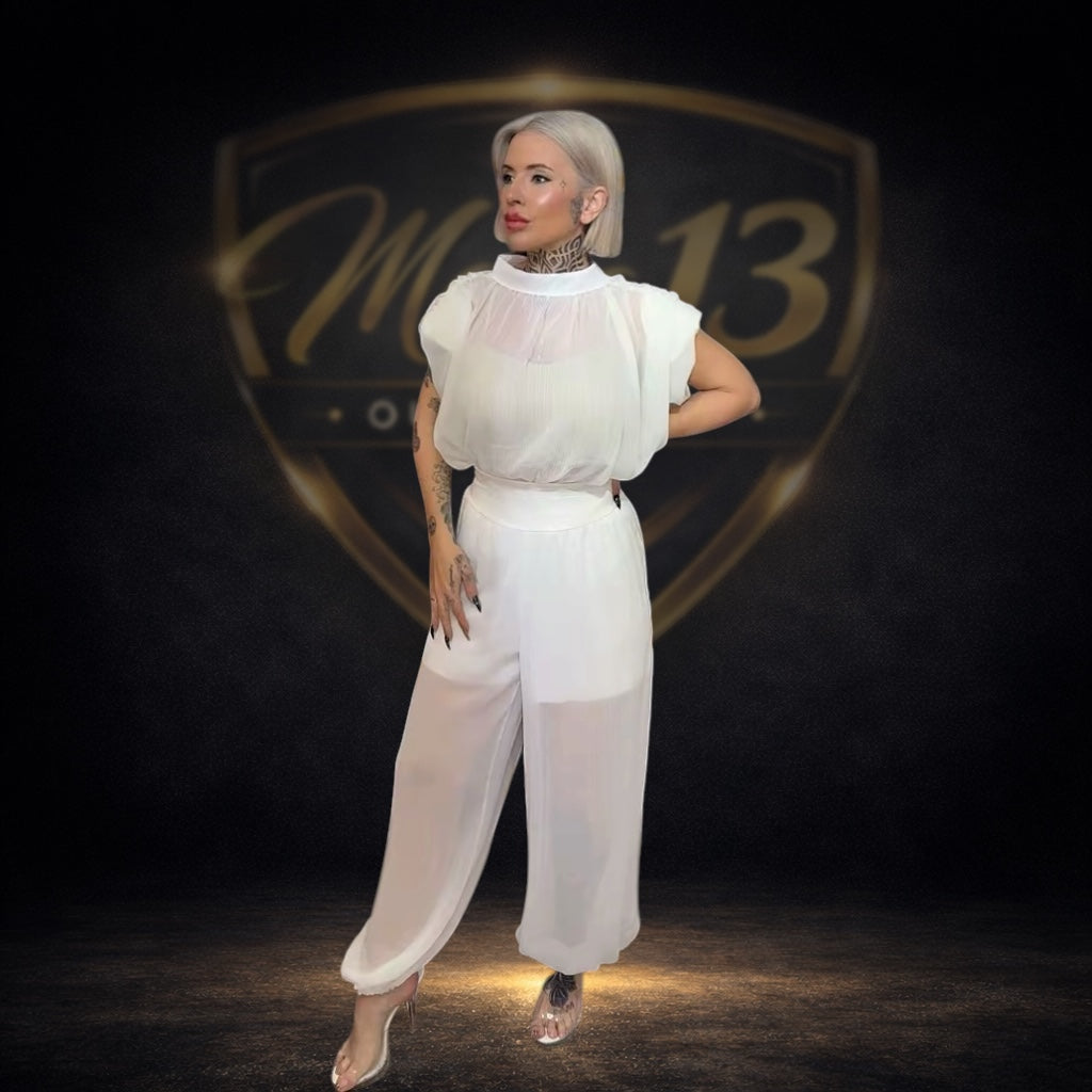 Conjunto elegante de gasa con pantalón globo