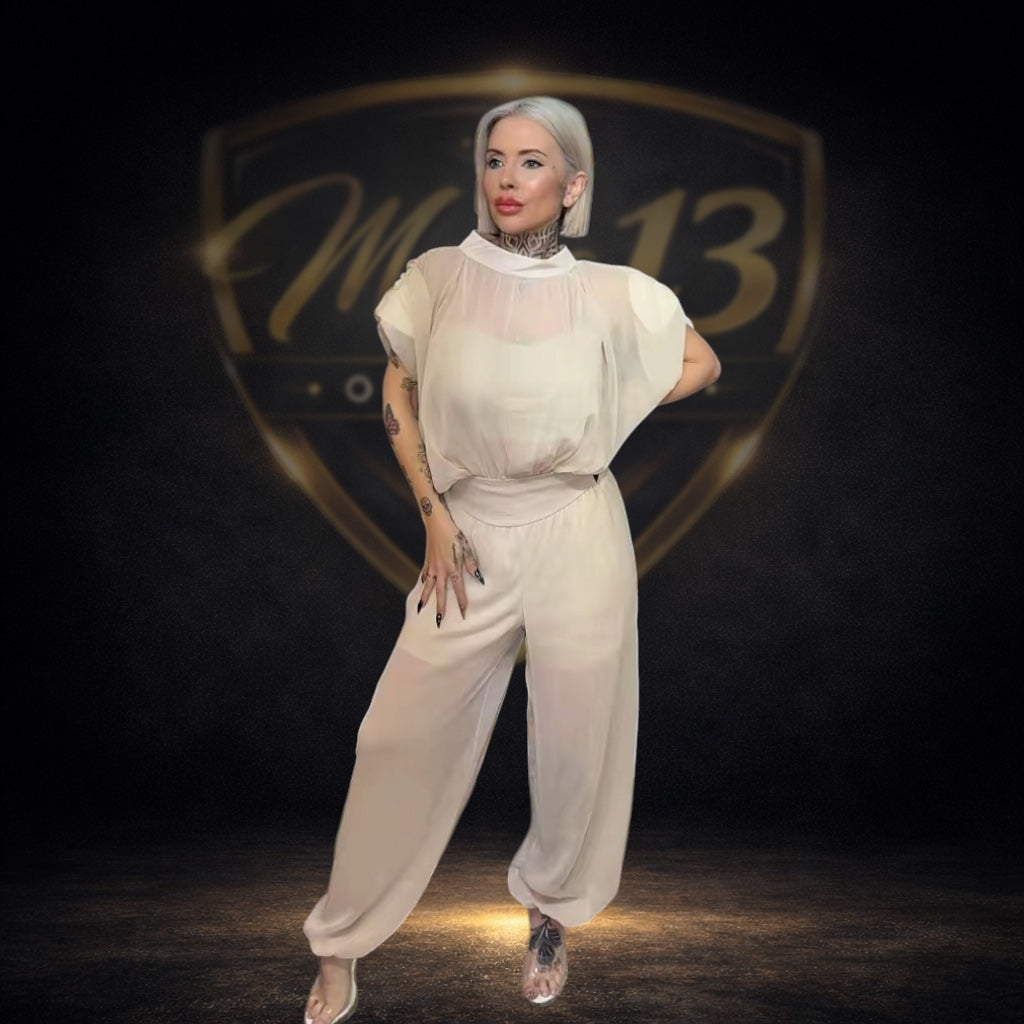 Conjunto elegante de gasa con pantalón globo