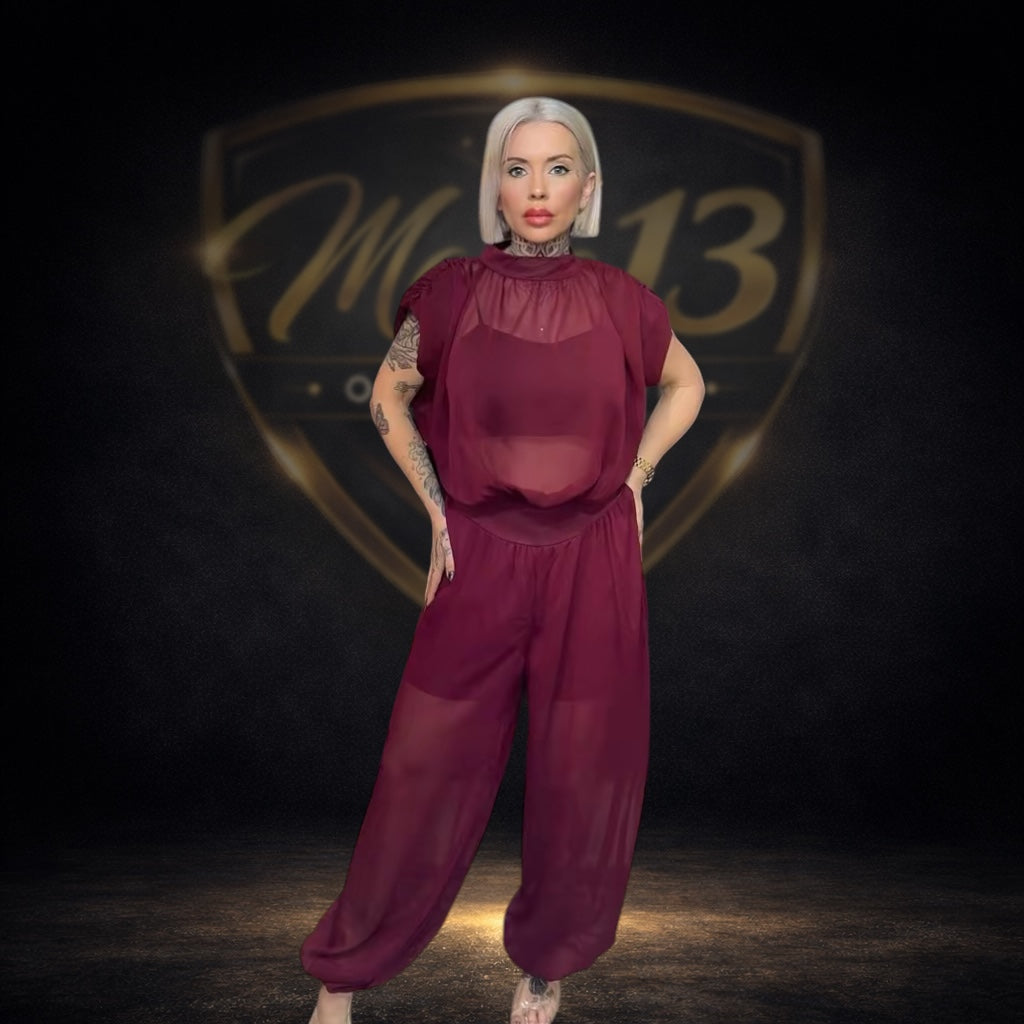 Conjunto elegante de gasa con pantalón globo