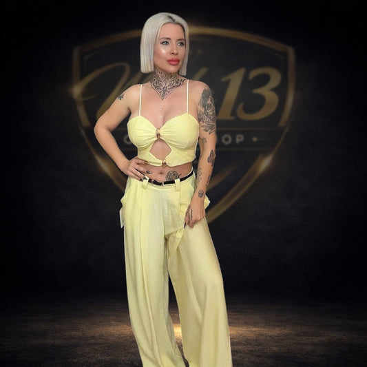 Conjunto Veraniego de Top y Pantalón con Cinturón Incluido Amarillo