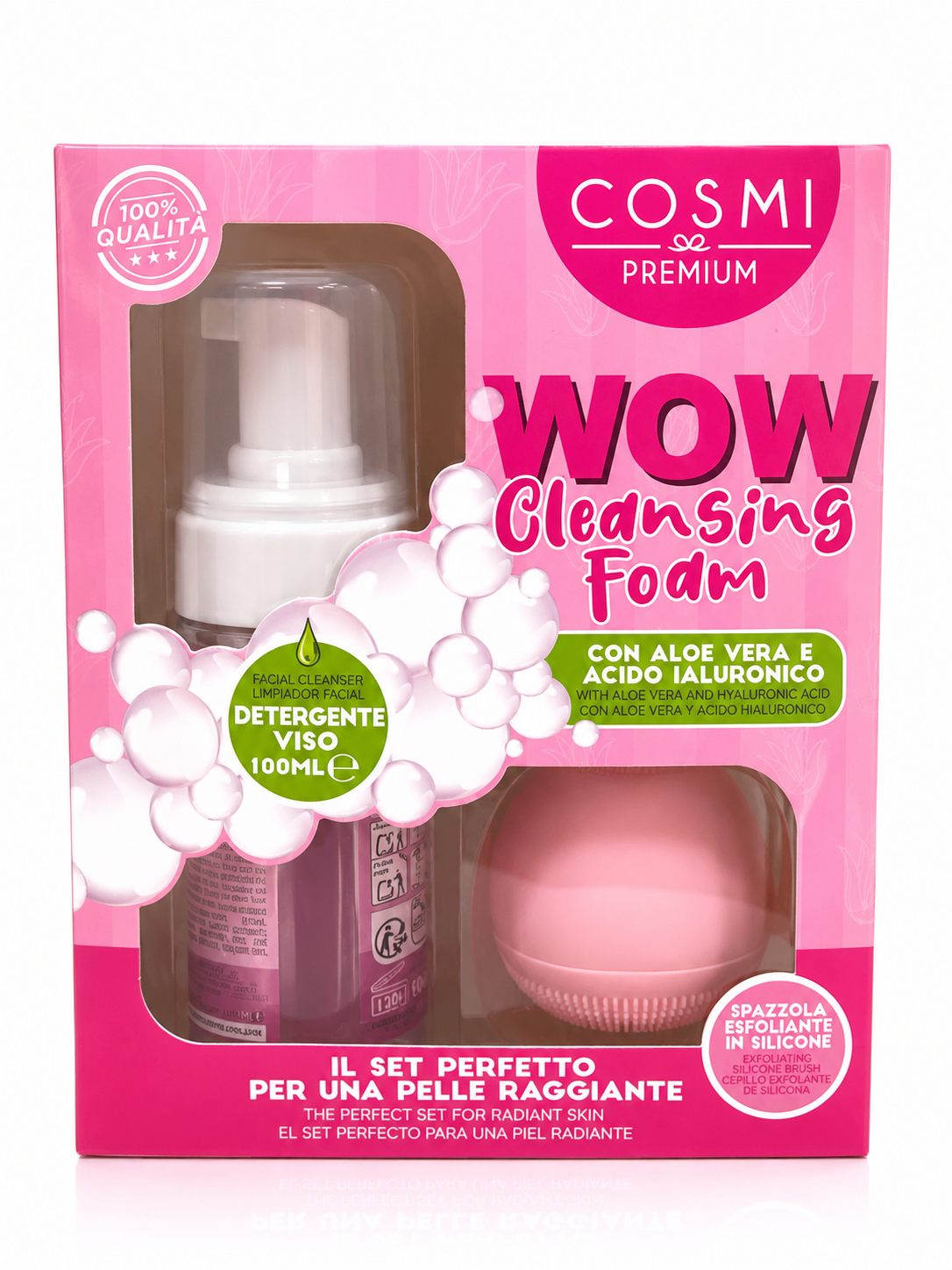 Set Limpiador Facial WOW Cleansing Foam con Aloe Vera, Ácido Hialurónico y Cepillo de Silicona
