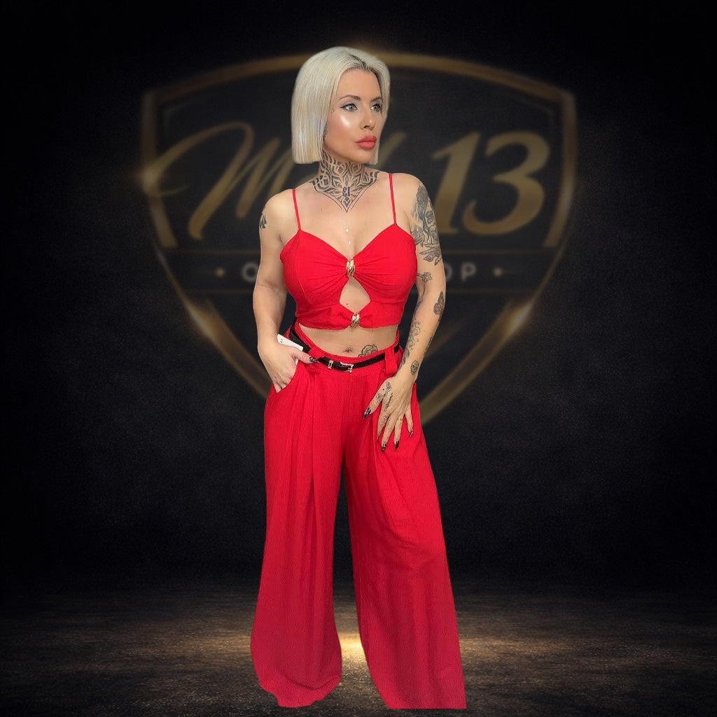 Conjunto Veraniego de Top y Pantalón con Cinturón Incluido Rojo